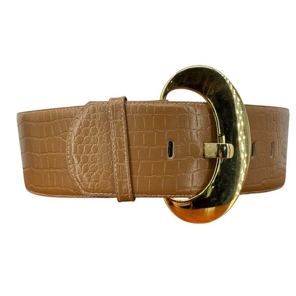 Magid Croco Embossed Wide Leather Belt Women's SZ M Brown Glam Retro Chic Party - Picture 1 of 10